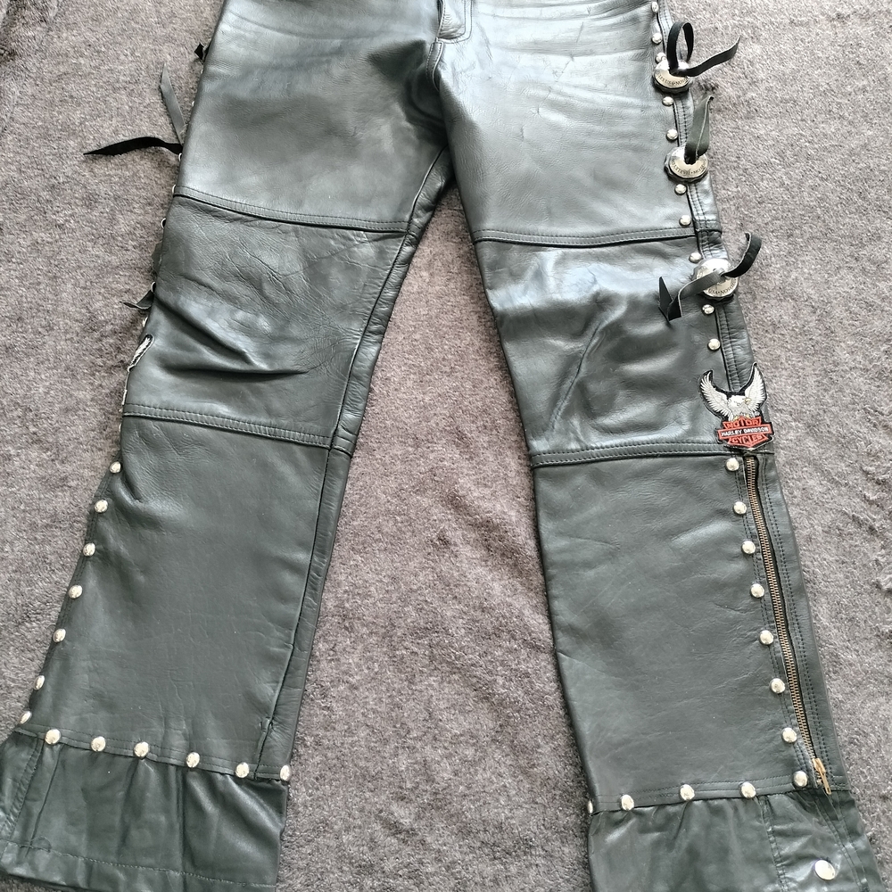 Women's Gray Leather Jeans with Studded Details